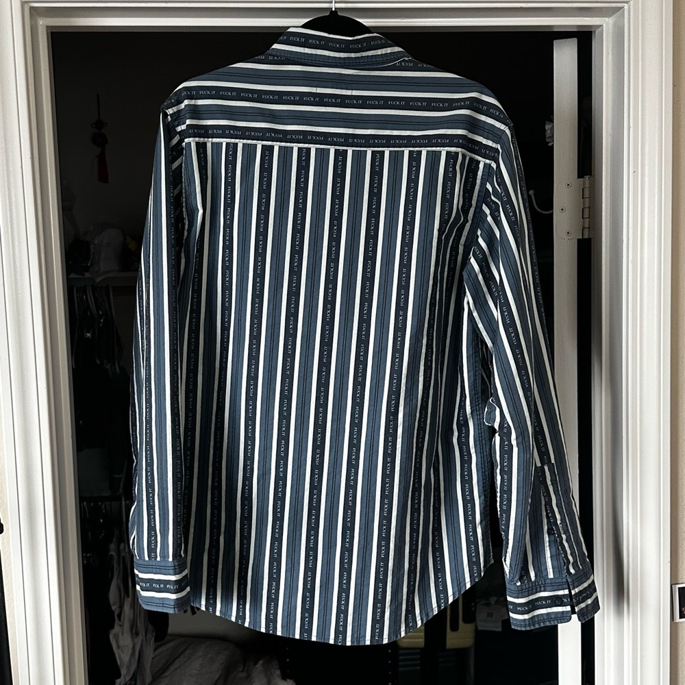 HUF Men's Navy and White Striped Button Down Shirt Funny Message Size- Mens L - Picture 7 of 10